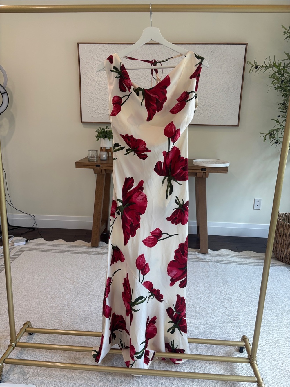 Commense White Maxi Dress with Red Floral Print